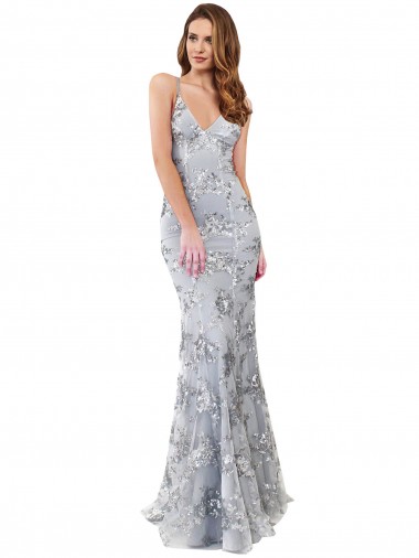 Argento Stile sirena Alto Collo Crespo Elastico Paillettes Tulle Lunga Formali Abiti da damigella donore / Abiti da sera / Abiti da ballo Online