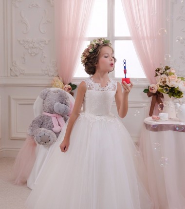 Avorio Abito da ballo Alto Collo Tulle Pizzo Lunga Abiti da ragazza di fiori Online