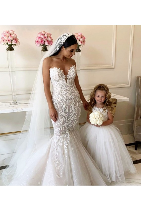 Avorio Abito da ballo Barca Tulle Pizzo Lunga Abiti da ragazza di fiori Online