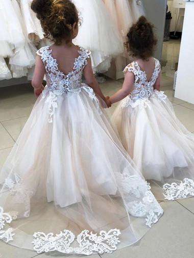 Avorio Abito da ballo Barca Tulle Pizzo Lunga Abiti da ragazza di fiori Online