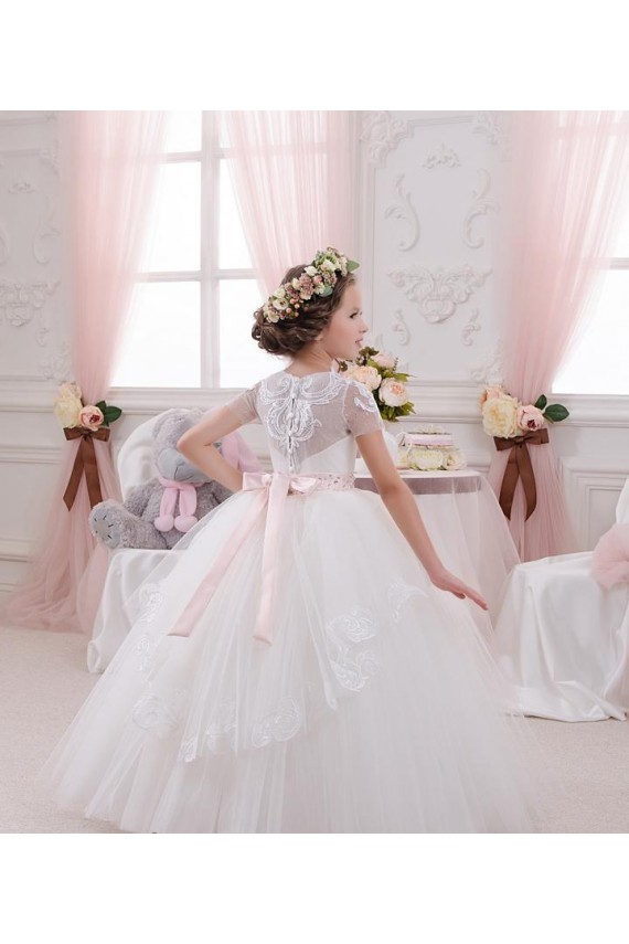 Avorio Abito da ballo Innamorato Tulle Pizzo Lunga Abiti da ragazza di fiori Online