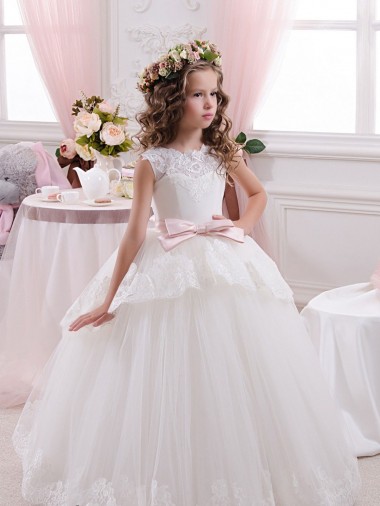 Avorio Abito da ballo Innamorato Tulle Pizzo Lunga Abiti da ragazza di fiori Online