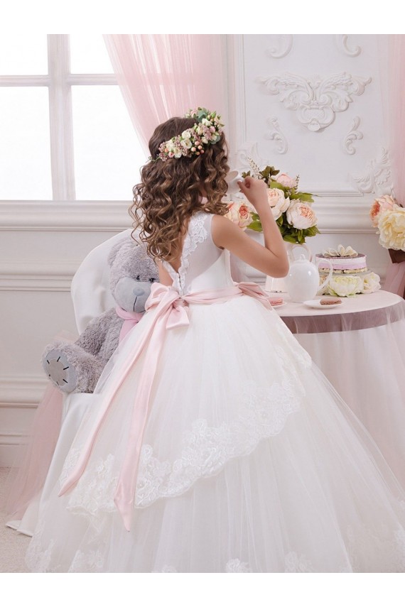 Avorio Abito da ballo Innamorato Tulle Pizzo Lunga Abiti da ragazza di fiori Online