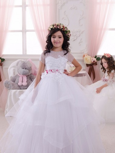 Avorio Abito da ballo Innamorato Tulle Pizzo Lunga Abiti da ragazza di fiori Online