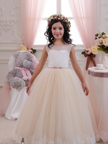 Avorio & Champagne Abito da ballo Innamorato Tulle Pizzo Lunga Abiti da ragazza di fiori Online