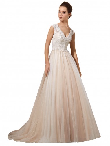 Avorio & Champagne Linea A Scollatura a V Tulle Pizzo Abiti da sposa Online