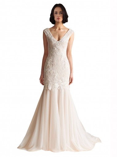 Avorio & Champagne Stile sirena Scollatura a V Sweep treno Tulle Abiti da sposa Online