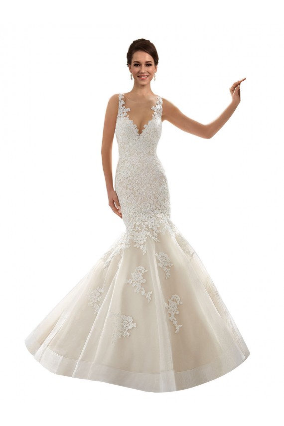 Avorio & Champagne Stile sirena Scollatura a V Tulle Pizzo Classico Abiti da sposa Online
