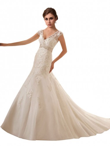 Avorio Linea A Scollatura a V Tulle Pizzo Abiti da sposa Online