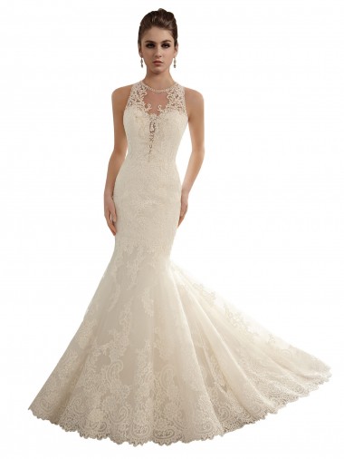 Avorio Stile sirena Illusione Pizzo Abiti da sposa Online
