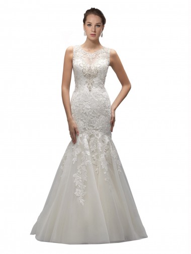Avorio Stile sirena Illusione Sweep treno Tulle Pizzo Abiti da sposa Online