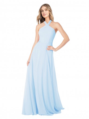 Azzurro cielo Linea A Capestro Alto Collo Chiffona Lunga Abiti da damigella donore Online