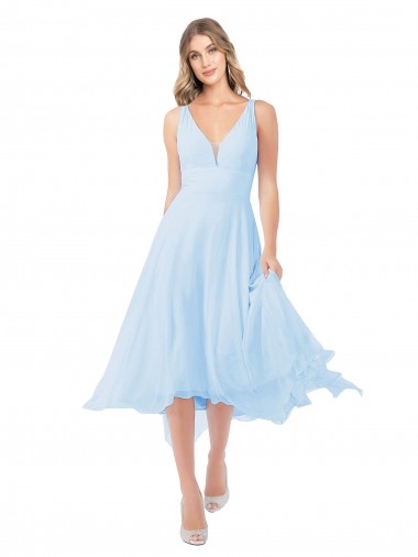 Azzurro cielo Linea A Scollatura a V Midi Chiffona Corto Abiti da damigella donore / Abiti da cocktail Online