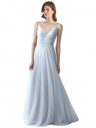 Azzurro cielo Linea A Sottili Scollatura a V Tulle Lunga Abiti da damigella donore Online