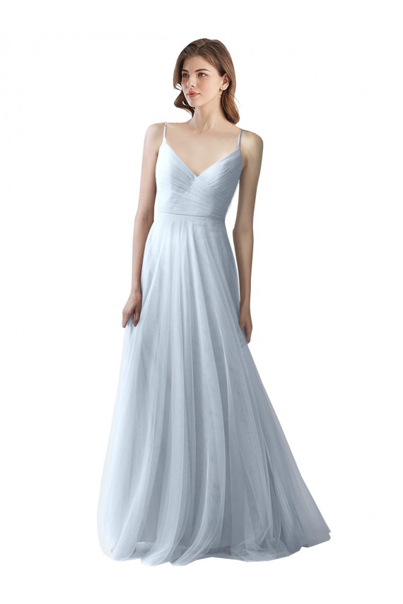 Azzurro cielo Linea A Sottili Scollatura a V Tulle Lunga Abiti da damigella donore Online