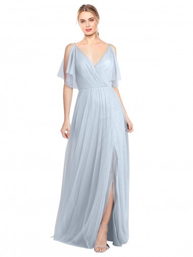 Azzurro cielo Linea A Sottili Scollatura a V Tulle Lunga Abiti da damigella donore Online