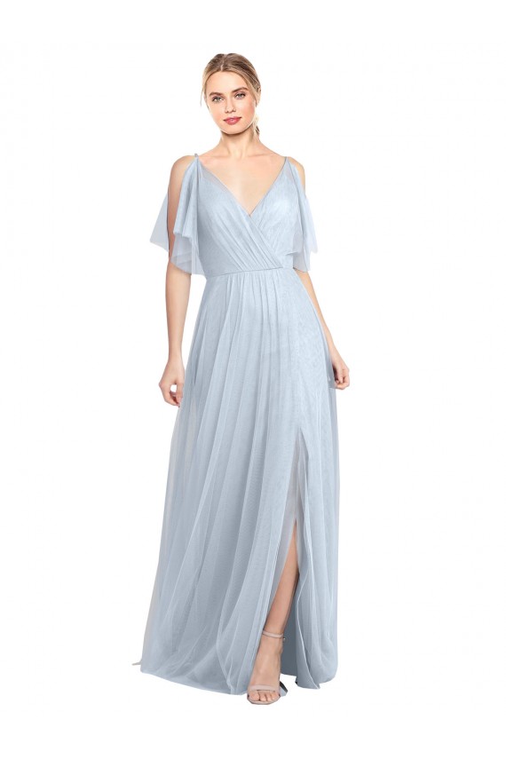 Azzurro cielo Linea A Sottili Scollatura a V Tulle Lunga Abiti da damigella donore Online