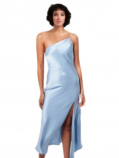 Azzurro cielo Linea A Una spalla Midi Raso Setoso Corto Abiti da damigella donore / Abiti da sera / Abiti da cocktail Online