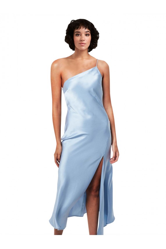 Azzurro cielo Linea A Una spalla Midi Raso Setoso Corto Abiti da damigella donore / Abiti da sera / Abiti da cocktail Online