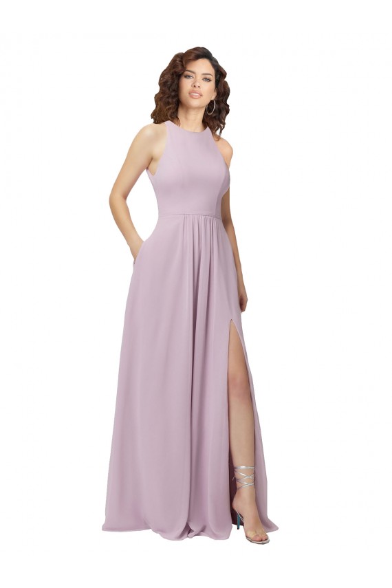 Bagliore rosa Linea A Capestro Alto Collo Chiffona Lunga Abiti da damigella donore Online
