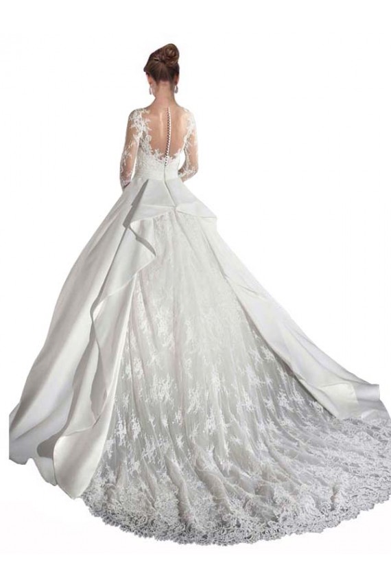 Bianco Linea A Illusione Cattedrale di treno Raso Pizzo Abiti da sposa Online