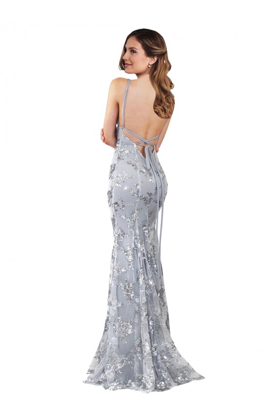 Argento Stile sirena Alto Collo Crespo Elastico Paillettes Tulle Lunga Formali Abiti da damigella donore / Abiti da sera / Abiti da ballo Online