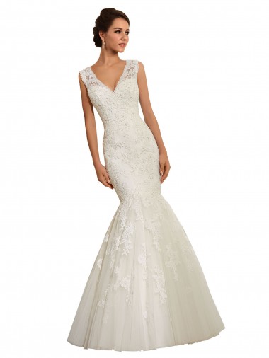 Bianco Stile sirena Scollatura a V Tulle Pizzo Abiti da sposa Online