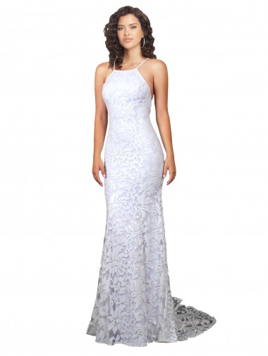Bianco Tubino Alto Collo Sweep treno Pizzo Abiti da sposa Online