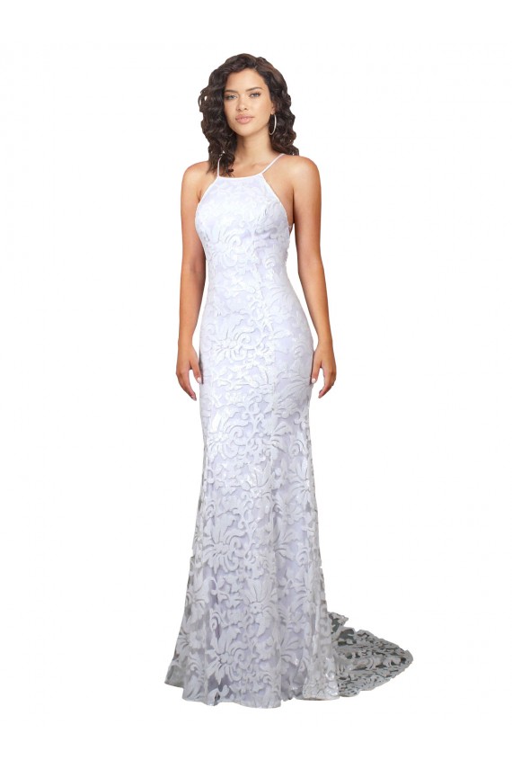 Bianco Tubino Alto Collo Sweep treno Pizzo Abiti da sposa Online
