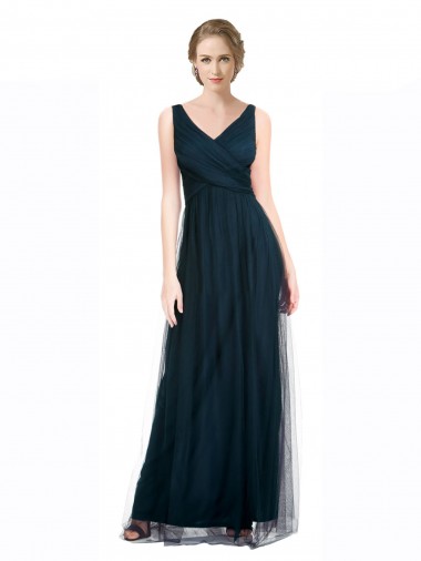 Blu 7 Linea A Scollatura a V Tulle Lunga Abiti da damigella donore Online