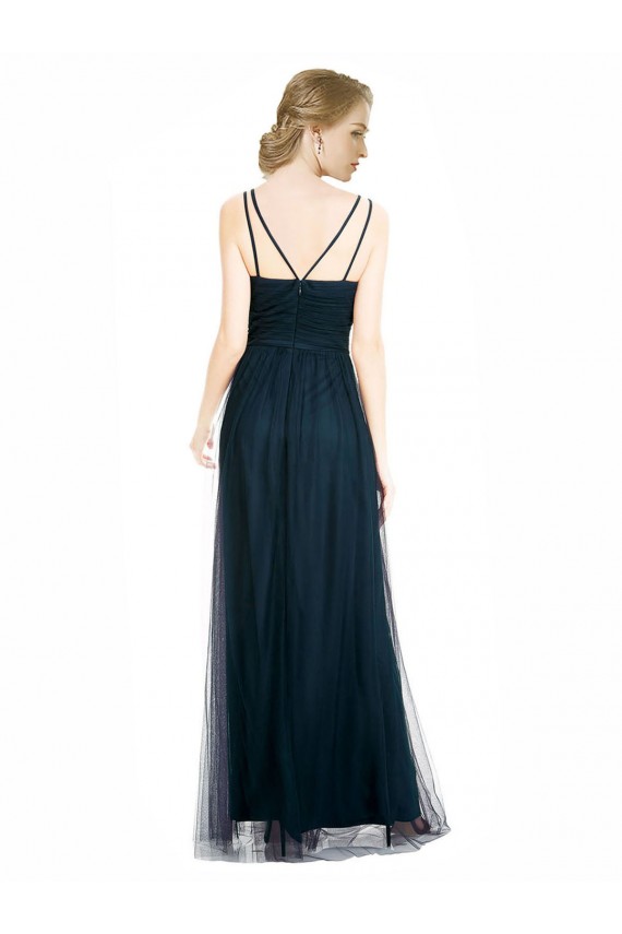 Blu 7 Linea A Scollatura a V Tulle Lunga Abiti da damigella donore Online