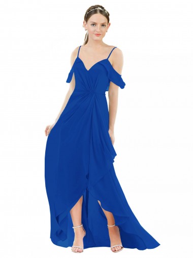 Blu Reale Linea A Scollatura a V Chiffona Lunga Abiti da damigella donore Online