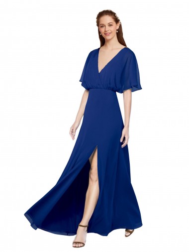 Blu Reale Linea A Scollatura a V Chiffona Lunga Abiti da damigella donore Online