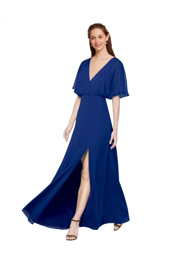 Blu Reale Linea A Scollatura a V Chiffona Lunga Abiti da damigella donore Online