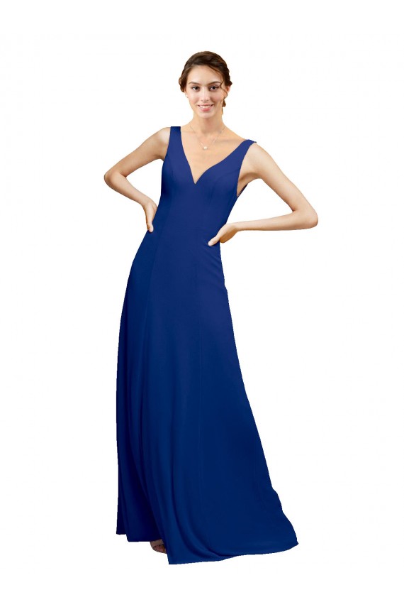 Blu Reale Linea A Scollatura a V Chiffona Lunga Abiti da damigella donore Online