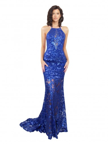 Blu Reale Stile sirena Alto Collo Pizzo Lunga Abiti da damigella donore / Abiti da ballo Online