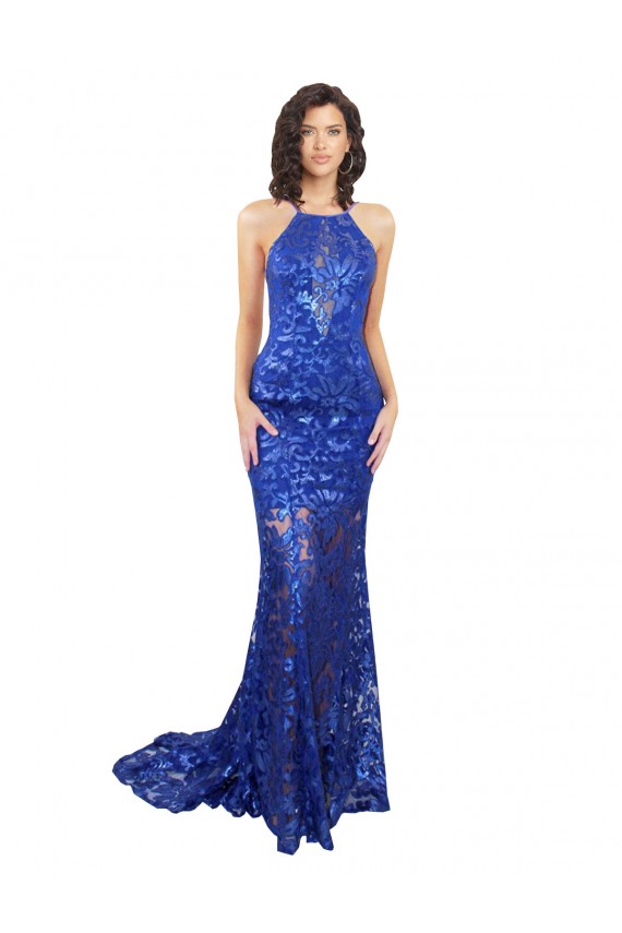 Blu Reale Stile sirena Alto Collo Pizzo Lunga Abiti da damigella donore / Abiti da ballo Online