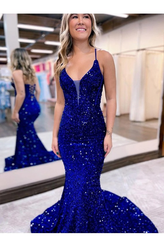 Blu Reale Stile sirena Scollatura a V Paillettes Velluto Lunga Abiti da ballo Online
