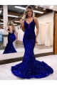 Blu Reale Stile sirena Scollatura a V Paillettes Velluto Lunga Abiti da ballo Online