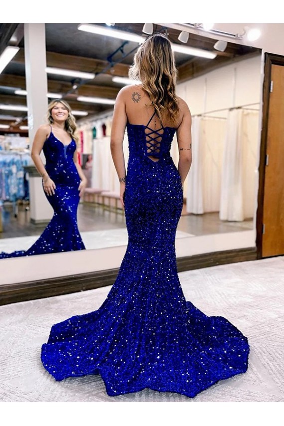 Blu Reale Stile sirena Scollatura a V Paillettes Velluto Lunga Abiti da ballo Online