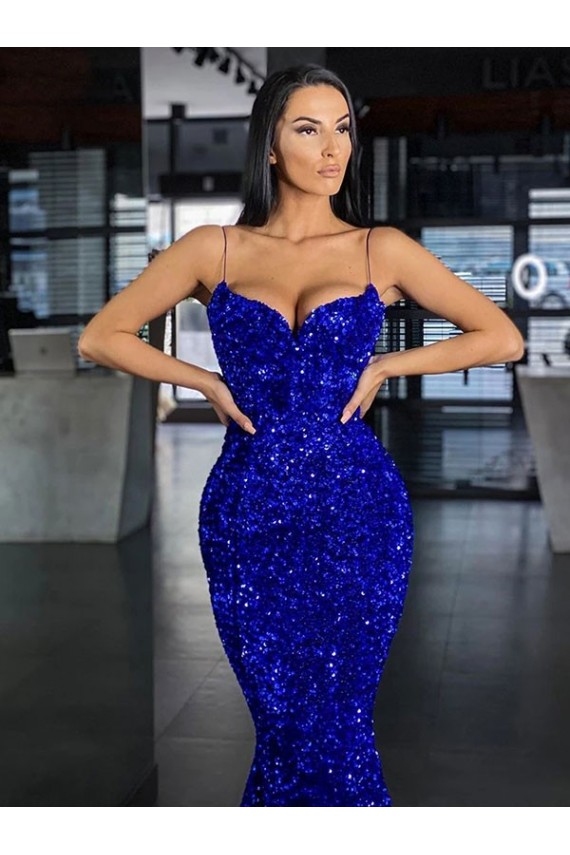 Blu Reale Stile sirena Sottili Sweep treno Paillettes Velluto Lunga Abiti da ballo Online
