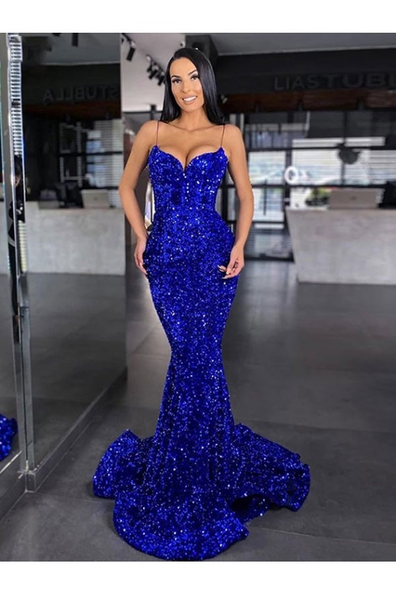 Blu Reale Stile sirena Sottili Sweep treno Paillettes Velluto Lunga Abiti da ballo Online