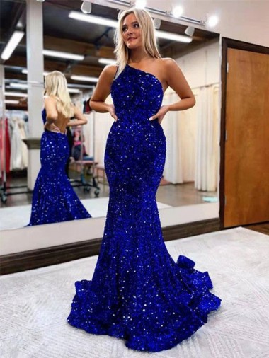 Blu Reale Stile sirena Una spalla Sweep treno Paillettes Velluto Lunga Abiti da ballo Online