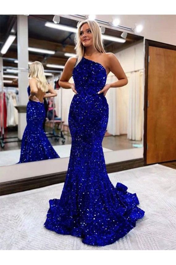 Blu Reale Stile sirena Una spalla Sweep treno Paillettes Velluto Lunga Abiti da ballo Online