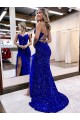 Blu Reale Tubino Scollatura a V Sweep treno Paillettes Velluto Lunga Abiti da ballo Online
