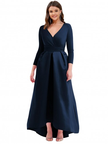 Blu marino scuro Abito da ballo Scollatura a V Spandex Lunga Asimmetrico Formali Abiti da damigella donore / Abiti da sera / Abiti da ballo Online