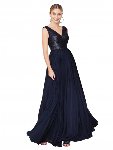 Blu marino scuro Linea A Alto Collo Chiffona Paillettes Lunga Abiti da damigella donore / Abiti da ballo Online
