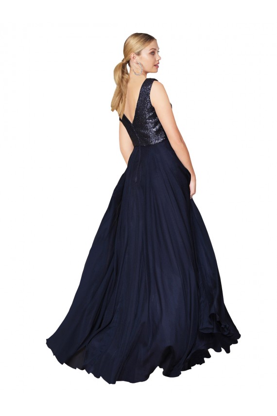Blu marino scuro Linea A Alto Collo Chiffona Paillettes Lunga Abiti da damigella donore / Abiti da ballo Online