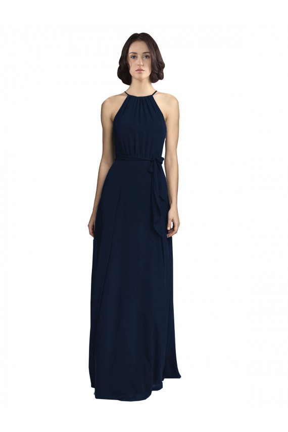 Blu marino scuro Linea A Capestro Alto Collo Chiffona Lunga Abiti da damigella donore Online