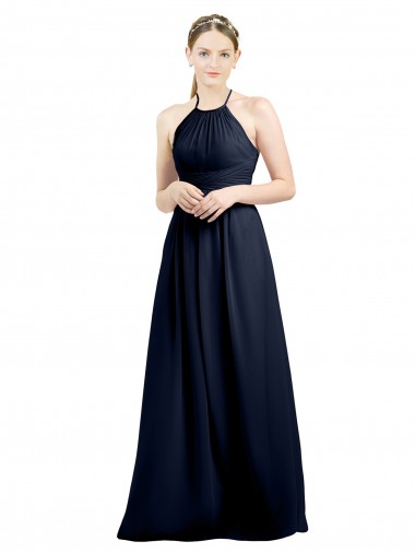 Blu marino scuro Linea A Capestro Alto Collo Chiffona Lunga Abiti da damigella donore Online